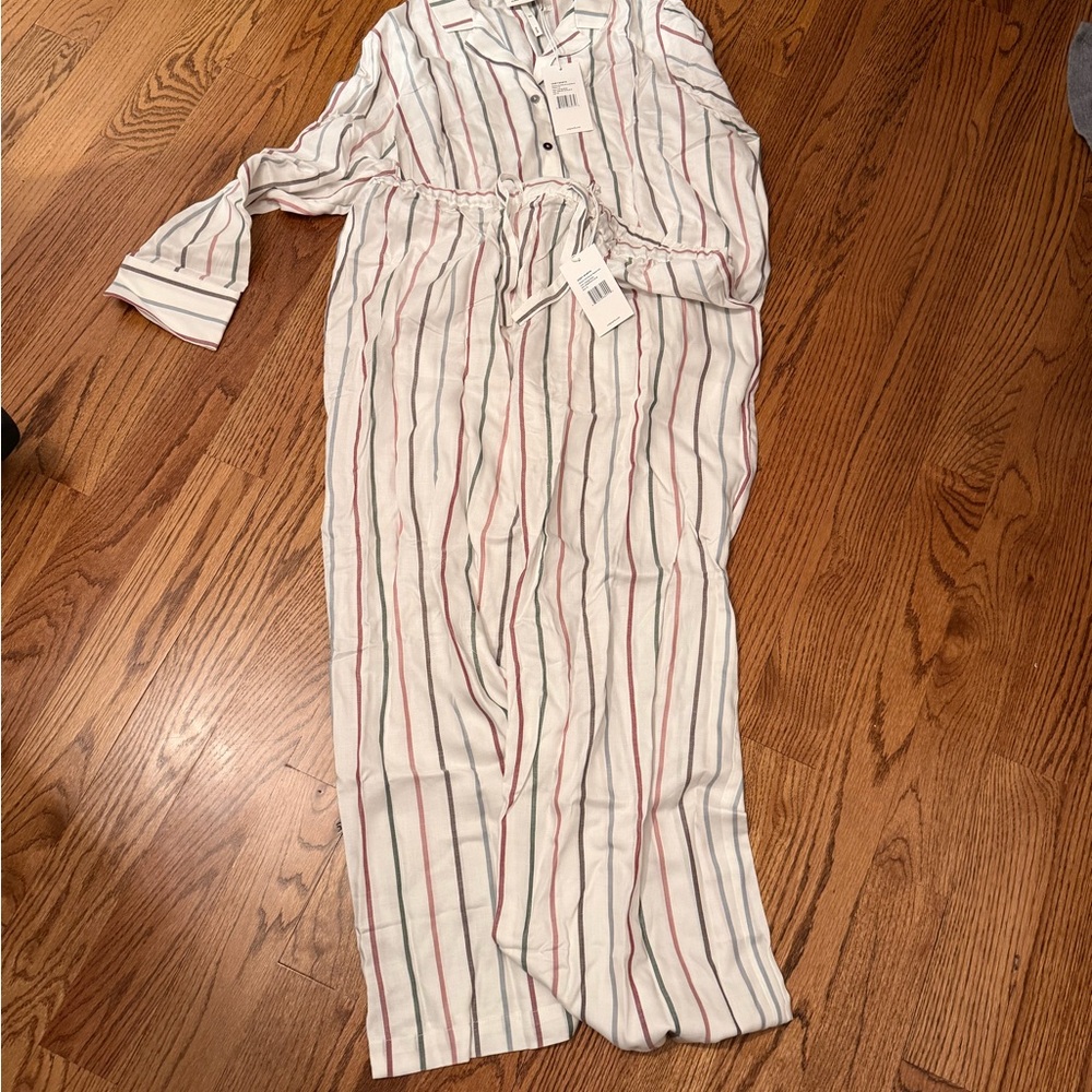 Women’s Striped Long-Sleeve Cotton Pajama Set - White with Red & Navy Stripes